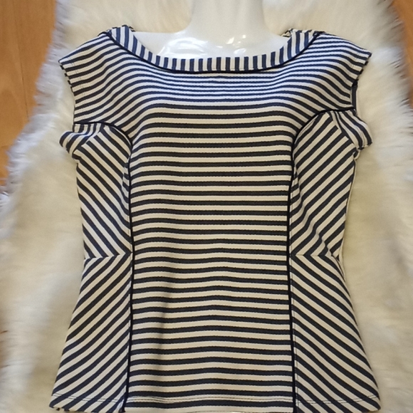 Ann Taylor Pique Knit Striped Cap Sleeved Top - Picture 9 of 14